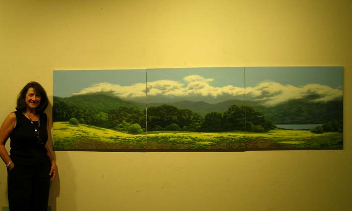Promessi Triptych photographed with Tatiana Promessi to show scale